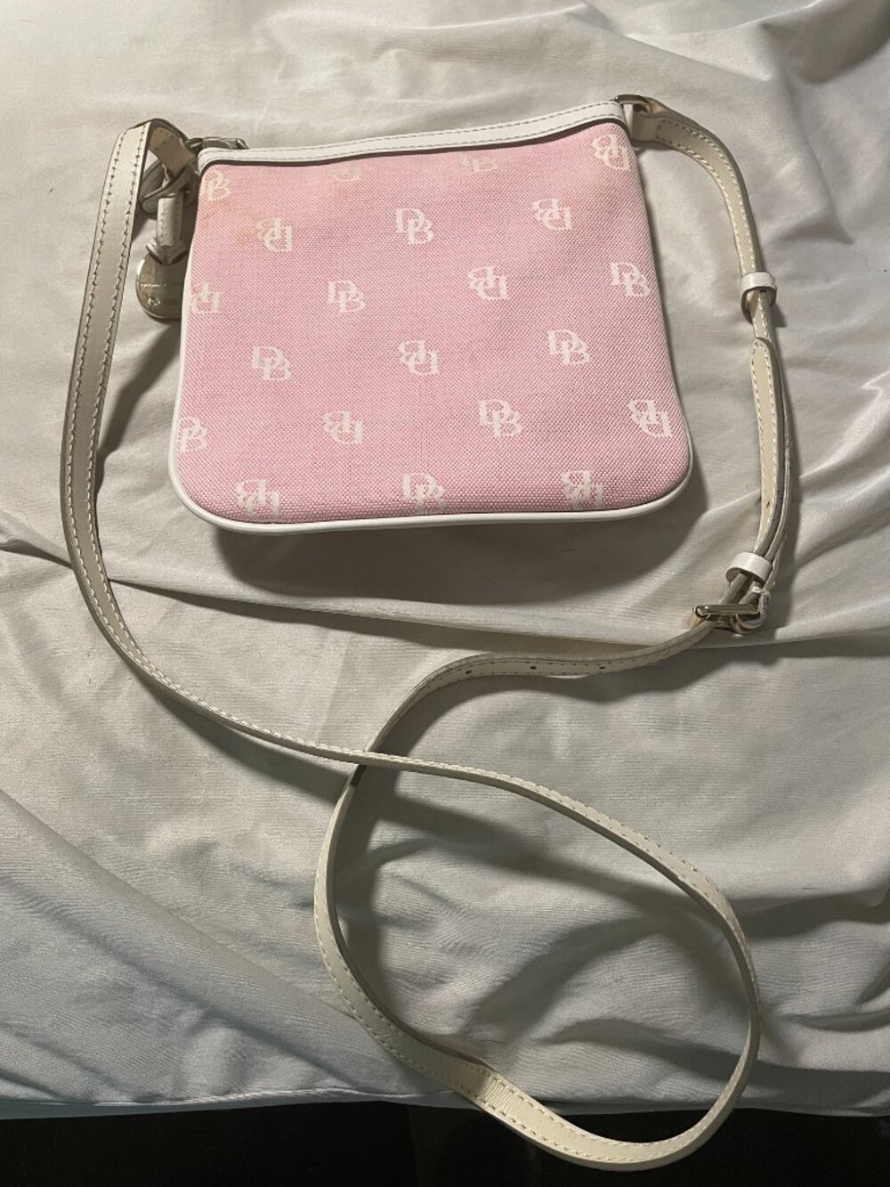 Dooney & Bourke Canvas Letter Carrier Pink & White Monogram Crossbody - Picture 13 of 13